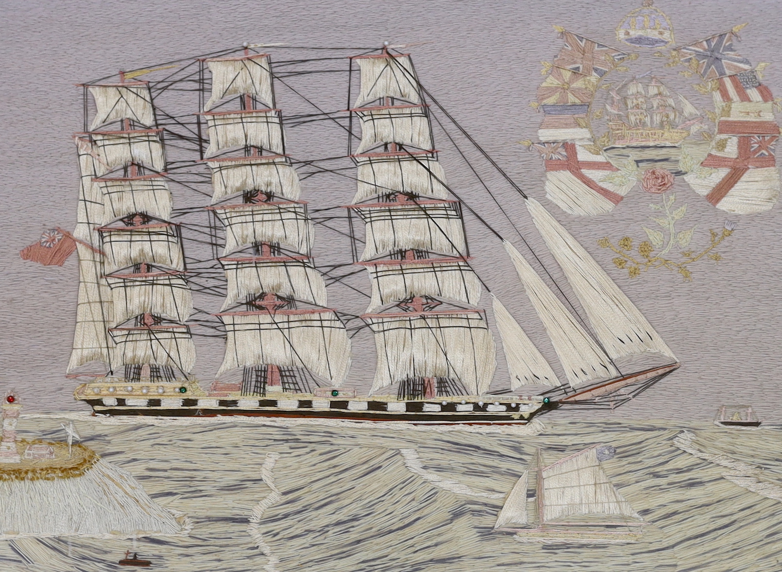 A large framed Victorian woolwork study of a ship, 79x100cm including frame